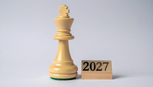 A giant wooden chess king piece standing firmly next to a small plaque that reads "2027", representing corporate leadership and victory.