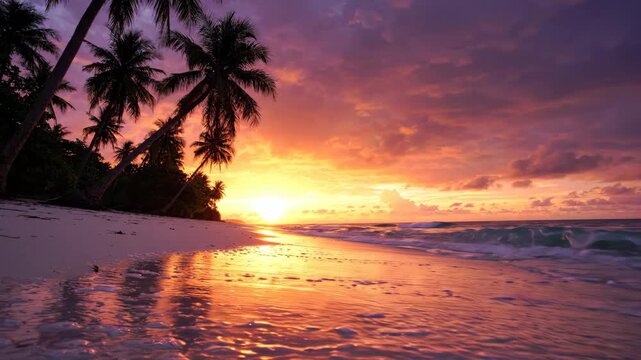 Tropical beach sunset with palm trees and ocean waves rolling on sandy shore for travel and nature content