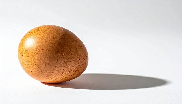 A detailed close-up shot of a single natural brown chicken egg casting a minimal shadow, isolated on white.
