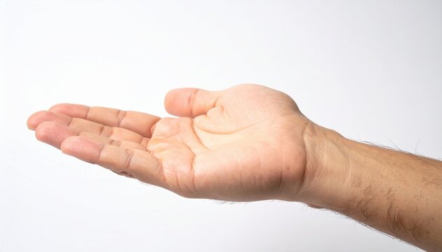 An open male palm, outstretched and ready to receive an invisible object against a seamless white background.