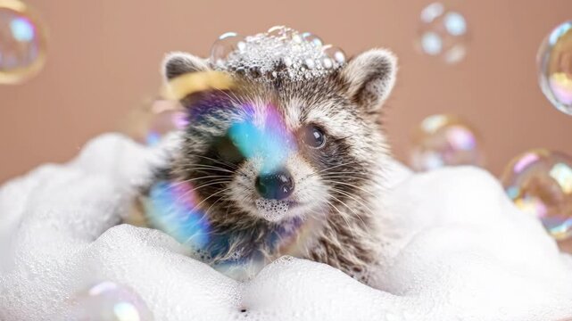 Cute baby raccoon sitting in foam bath with bubbles floating around for animal and pet content