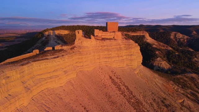 Aerial view from a drone of Sora Castle, ruins of a medieval fortress on the top of a rocky hill near the village of Castej&oacute;n de Valdejasa, Cinco Villas region, province of Zaragoza, Aragon, Spain, Eu