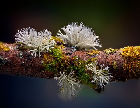 close up of usnea lichen on a rotten branch