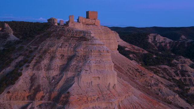 Aerial view from a drone of Sora Castle, ruins of a medieval fortress on the top of a rocky hill near the village of Castej&oacute;n de Valdejasa, Cinco Villas region, province of Zaragoza, Aragon, Spain, Eu