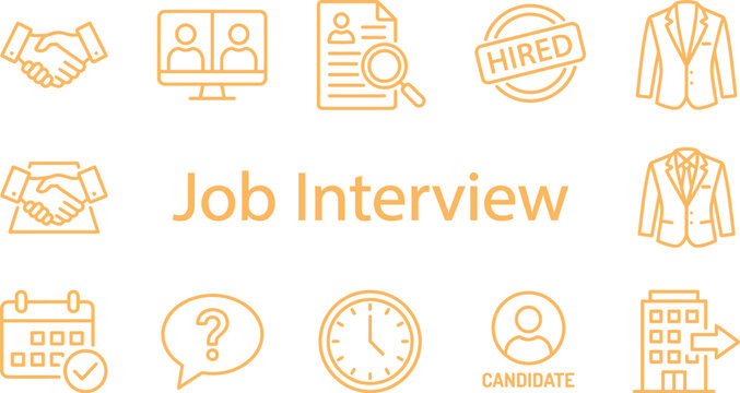 Professional job interview and recruitment outline icons representing hiring process and corporate employment with interview recruitment business employment candidate corporate resources