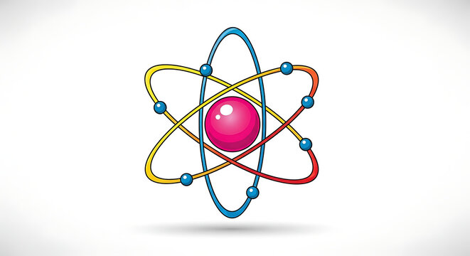 Colorful stylized scientific atom model with nucleus and orbiting electrons chemistry electron molecule research
