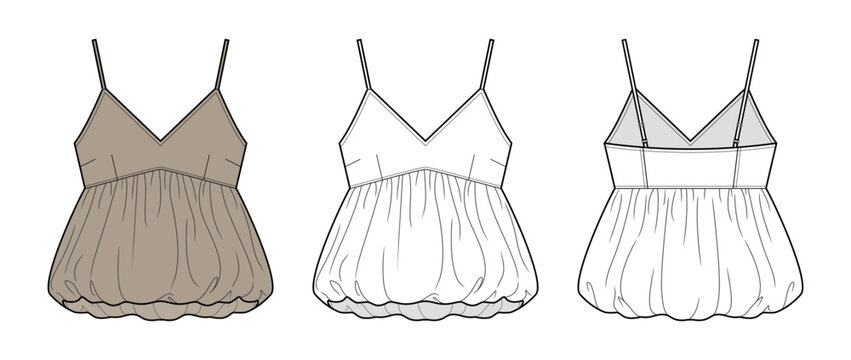 Empire Waist Bubble Hem Cami Technical Fashion Illustration. Adjustable Strap Babydoll Blouse Vector Template. Front and Back View. Women&rsquo;s Apparel. CAD Mockup Set.
