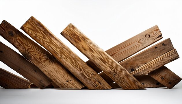 wooden collapsed barricade with rough planks on a white background