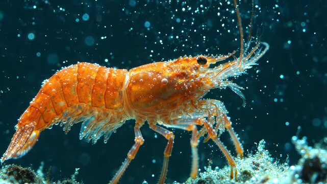 Orange shrimp crawling on ocean floor with bubbles for marine biology and nature content