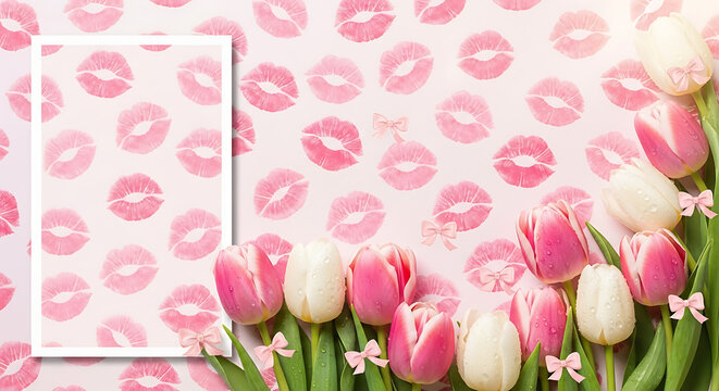 Spring tulip bouquet on a background pattern of pink kiss marks with a blank white frame placeholder