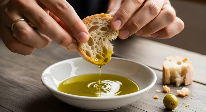 Close up of hands dipping freshly baked crusty bread into a bowl of extra virgin olive oil on a rustic wooden table for healthy Mediterranean diet concept
