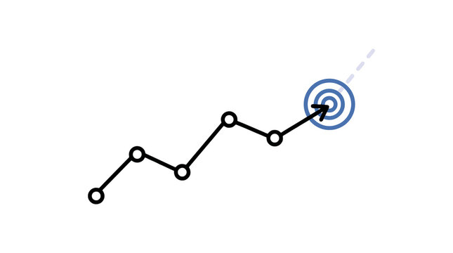 Goal tracking line graph with target point icon, business analytics trend isolated PNG