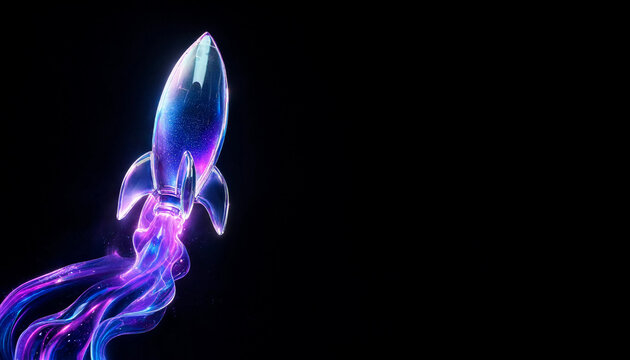 Translucent dark glass retro rocket ship launching upwards with neon purple flame exhaust trail on black background
