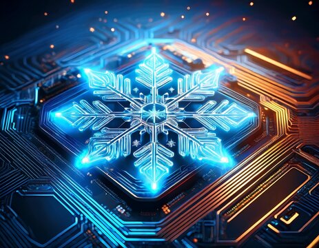advanced cooling technology represented by a glowing snowflake symbol on a high tech circuit board