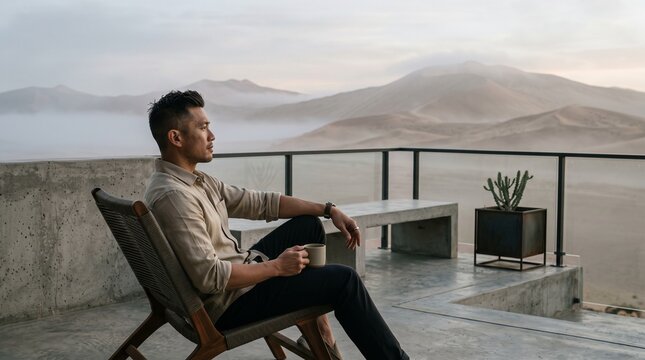 Man Relaxing on Modern Terrace Overlooking Desert Mountains