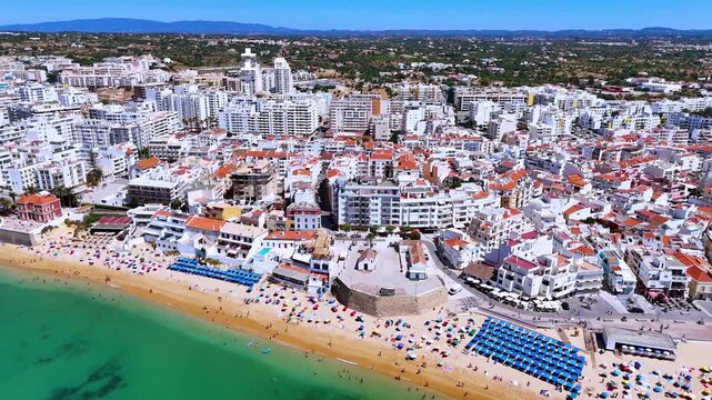 Aerial view of the beach in Armacao de Pera,  in the municipality of Silves, Algarve, Portugal