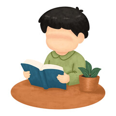 Child reading a book at a table illustration