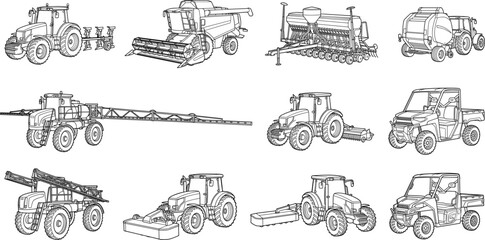 Obraz premium Agricultural Machinery CAD Line Art Vector Set with Tractors and Farm Equipment Collection