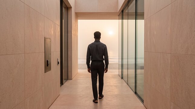 Man Running Through Modern Minimalist Corridor Toward Light