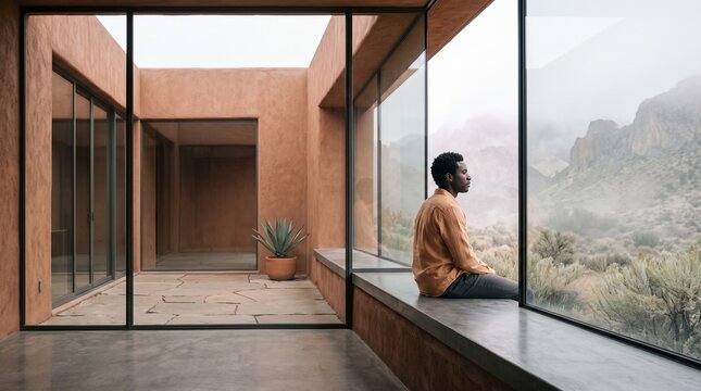 Man in Contemplation at Modern Desert Architecture Window