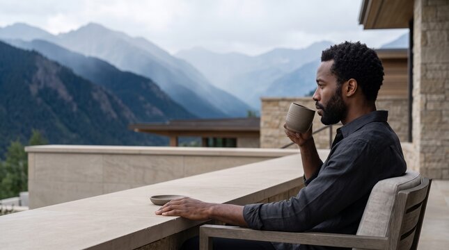 Man Enjoying Coffee on Mountain Lodge Terrace with Alpine Valley View
