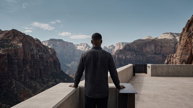 Man Standing on Modern Overlook Gazing at Canyon Vista