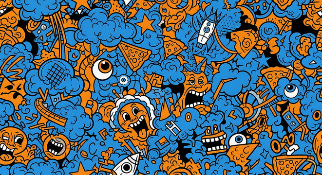 Abstract hand drawn doodle pattern with quirky faces and food icons in blue and orange colors abstract background
