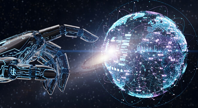 Futuristic metallic robot hand interacting with a glowing digital globe showing data networks and connectivity in deep dark space