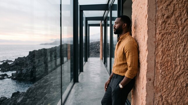 Man in Mustard Shirt Gazing at Ocean View from Modern Coastal Corridor