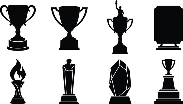 Achievement Trophy and Award Silhouette Icon Collection with Recognition Plaques and Victory Symbols