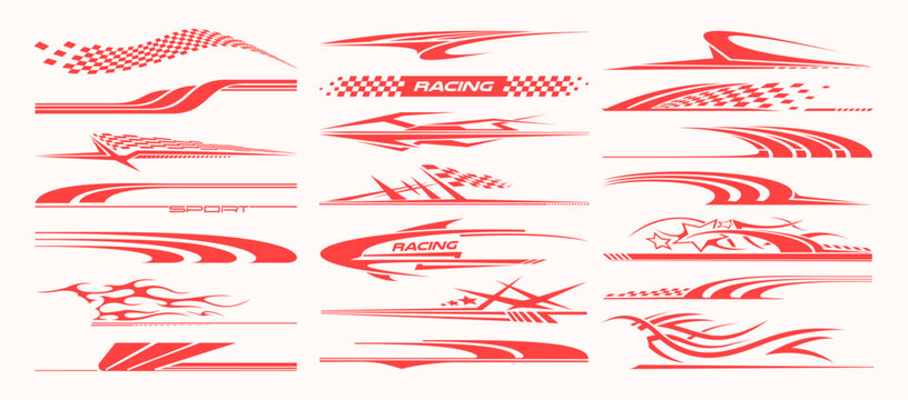 Sport racing decals and stripe set. Abstract speed lines, checkered flag graphics, flame stickers, side vinyl wraps, motorsport tuning car decals. Vector collection