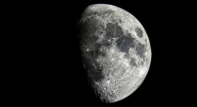 Detailed waxing gibbous moon surface against black space background with high resolution astronomy universe