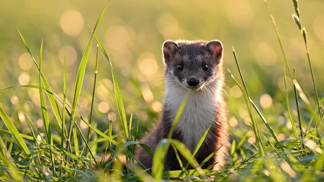A cautious least weasel peers inquisitively from the golden tall meadow grass during the enchanting sunset hours while roaming through its expansive natural habitat under the warmth of evening