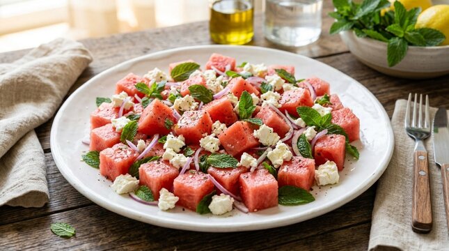 Fresh watermelon feta salad with mint, red onion, olive oil, and lemon on a rustic table, ideal for summer menu, healthy eating, or Mediterranean recipe promotion.