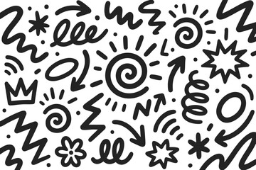 Fototapeta premium Creative abstract doodle icons set with swirls and stars