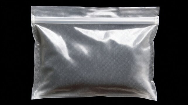 Transparent plastic bag with a zip closure isolated on a black background, ideal for packaging various products, showcasing versatility in storage and presentation for retail display