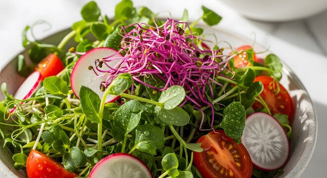 Fresh and vibrant microgreen salad with radish and tomato.