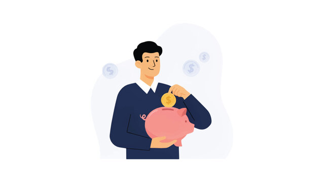Financial concept of a man saving money with a piggy bank financial planning flat design financial literacy personal finance smart spending financial stra