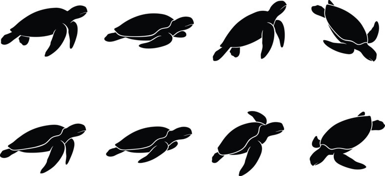 Collection of sea turtle silhouettes isolated on white background featuring marine reptile swimming poses for vector design elements