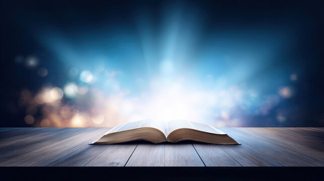 Open book rests on a wooden podium with blurred lights in the background, creating an ethereal atmosphere suitable for showcasing knowledge or wisdom in various contexts