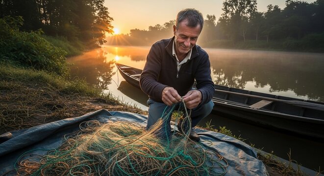 Man preparing fishing net outdoors