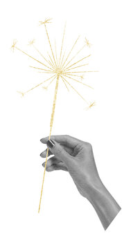 Surreal scrapbook art collage with human hand holding a golden sparkler on transparent background -  celebration, holiday magic, joy and festive moments