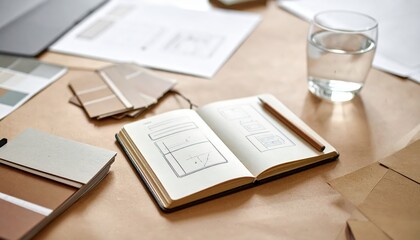 Obraz premium Clean Creative Designer Desk setup featuring an Open Agenda Notebook Architecture Blueprint Map and Glasses on Wood