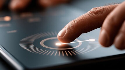 Fototapeta premium A close-up view of a hand interacting with a digital dial interface on a modern touchscreen device, showcasing technology