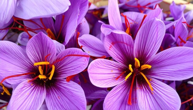 Macro shot of vibrant purple saffron flower petals and stigmas.