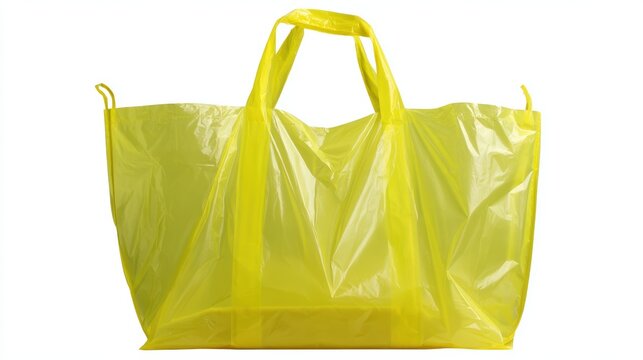 Bright yellow plastic bag with handles displayed against a plain background, ideal for showcasing eco-friendly concepts or discussions about sustainability and packaging solutions