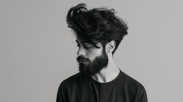Man beard hairstyle messy hair portrait monochrome fashion model male studio Stylish monochrome portrait of male model with full beard and messy hair, modern hairstyle and calm expression minimal
