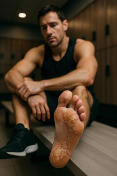 Athletic man in locker room showing bare foot with severe fungal infection and dry cracked skin on sole.