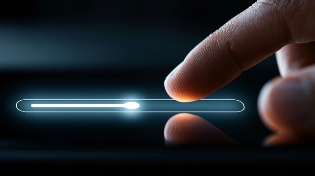 A close-up view of a finger interacting with a digital progress bar, symbolizing advancement, technology, and user interface control.