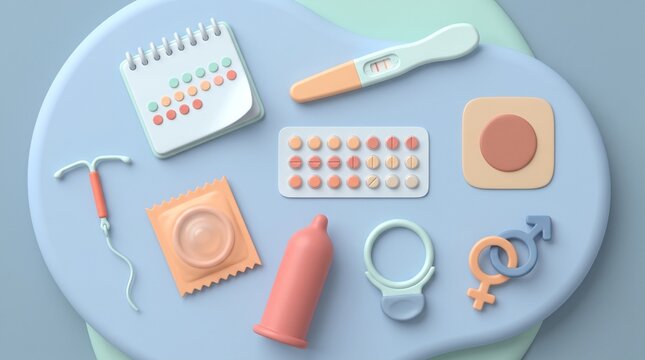Gynecology: Assorted birth control methods arranged for contraception choice and family planning